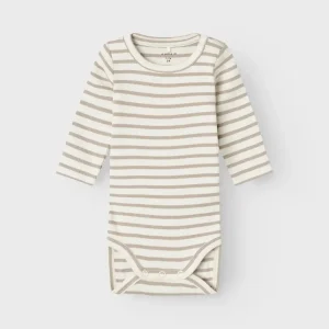 Ribbad randig body, vit/beige