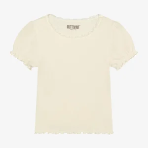 Tröja med puffärm och spets, vit