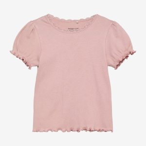 Tröja med puffärm och spets, ljusrosa